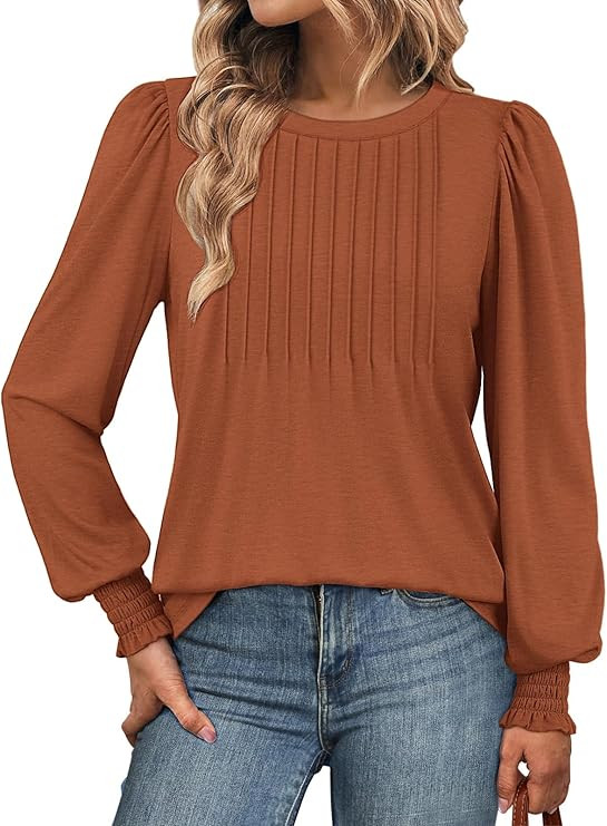 ATHMILE Womens Long Sleeve Shirts Crew Neck Tops Pleated Business Casual Blouses with Smocked Cuf... | Amazon (US)