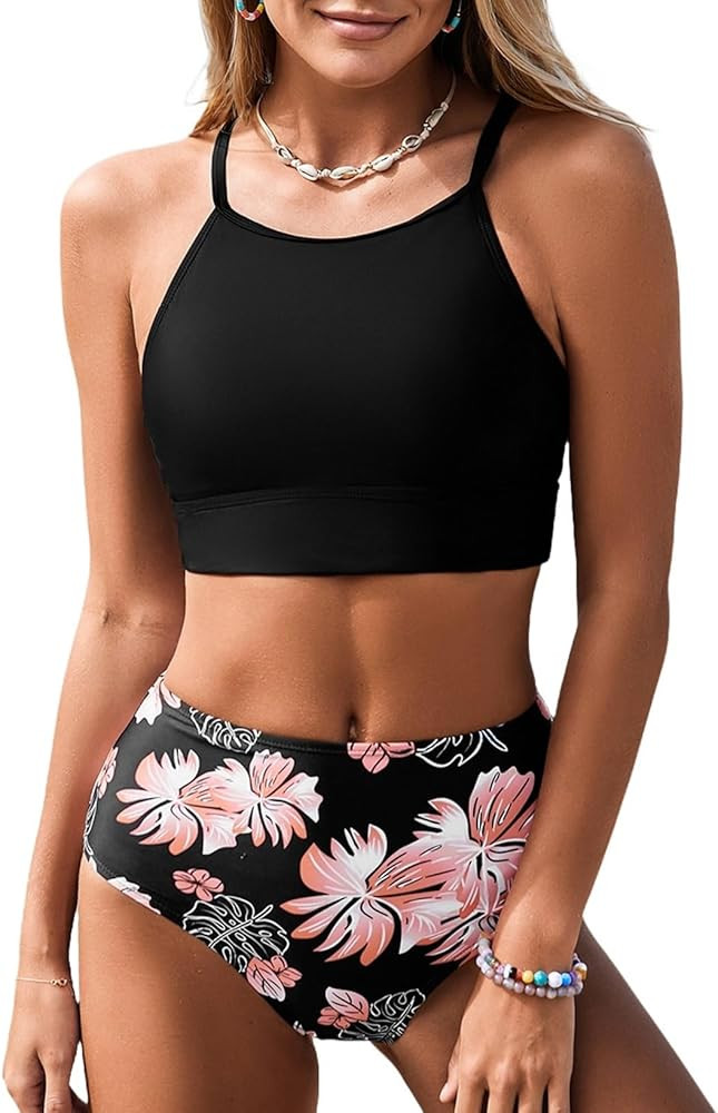 Herseas Women's Bikini Sets High Neck Tropical Leaf Print High Waisted Two Pieces Swimsuits Bathi... | Amazon (US)