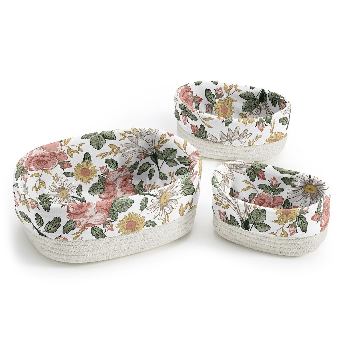 Sweet Jojo Designs Set of 3 Woven Cotton Rope Decorative Storage Basket Vintage Floral Pink Green... | Target