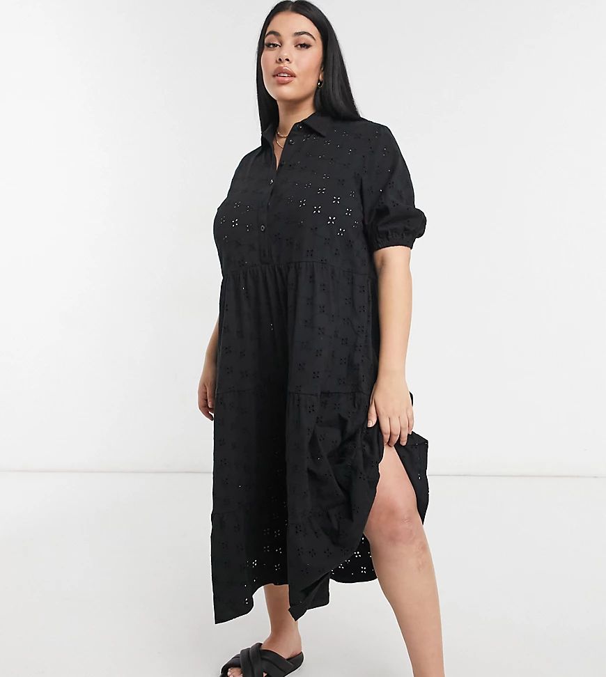 ASOS DESIGN Curve broderie midi tiered shirt dress with short sleeves in black | ASOS (Global)