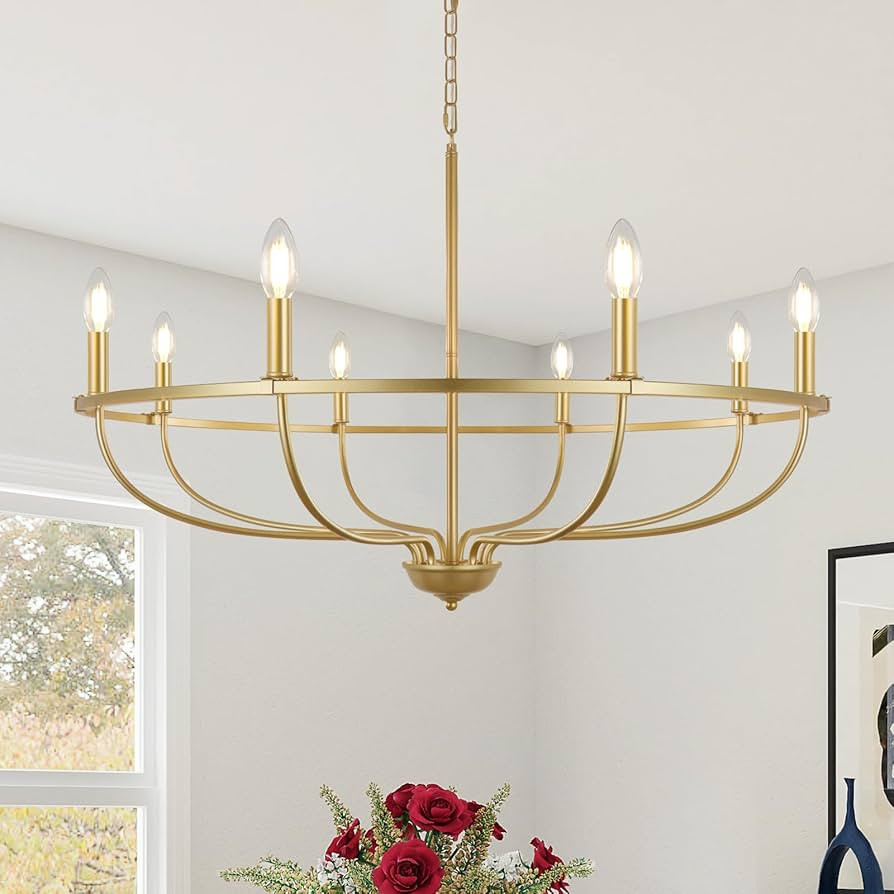 8-Light Gold Chandelier Light Fixture, Vintage Candle Round Dining Room Chandelier Over Table, 35... | Amazon (US)