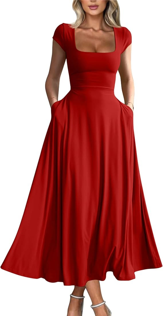 YMDUCH Women's Casual Short Sleeve Square Neck Solid Slim Flowy Maxi Dress with Pockets | Amazon (US)