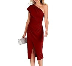ANRABESS Women's One Shoulder Cocktail Midi Dress Sleeveless Ruffle Wrap Ruched Bodycon Formal We... | Amazon (US)
