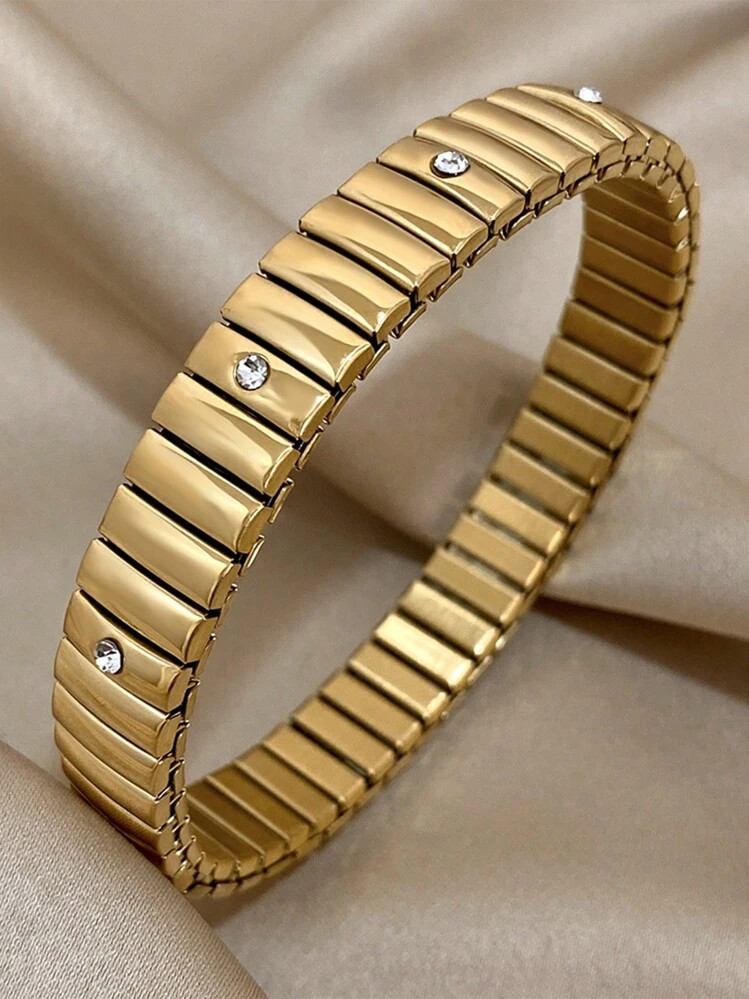 1pc Stainless Steel Rhinestone Elastic Bracelet, Suitable For Women And Teenage Girls, Gold Bangl... | SHEIN