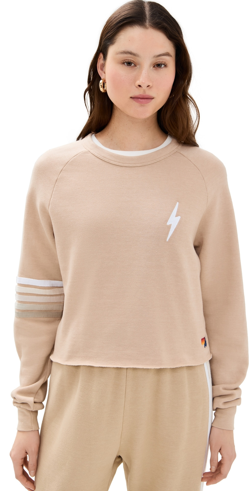 Aviator Nation Bolt Rugby Stitch Cropped Crew Sweatshirt Sand/White Grey XL | Shopbop