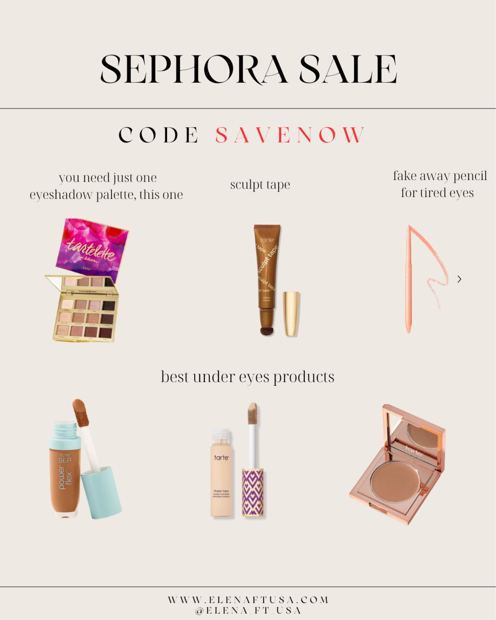 Sephora sale!!!
Best under eyes products, Tarte, Tarte eyeshadow palette, shape tape, fake away eye pencil 