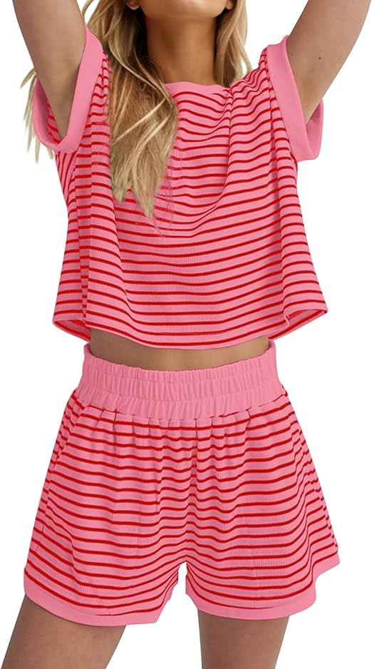 MISSACTIVER 2 Piece Lounge Set Women Stripe Knit Short Sleeve Tee Shirts Shorts Casual Summer Lou... | Amazon (US)