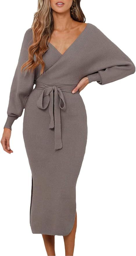 Viottiset Women's V Neck Long Batwing Sleeve Wrap Midi Knit Sweater Dress Elegant Backless with B... | Amazon (US)