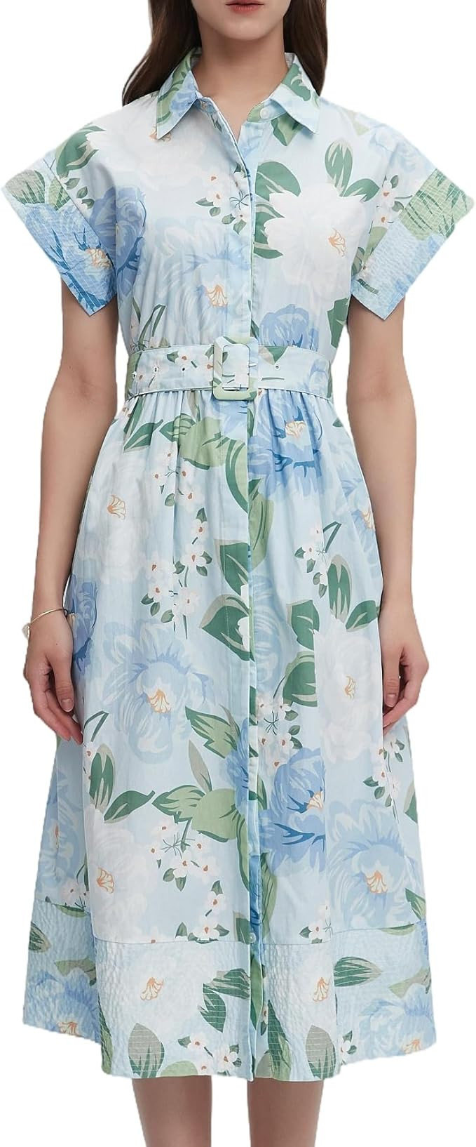 Women Summer Dresses 2025 Casual Wing Short Sleeve Button Down Midi Dress Floral Long Dress with ... | Amazon (US)