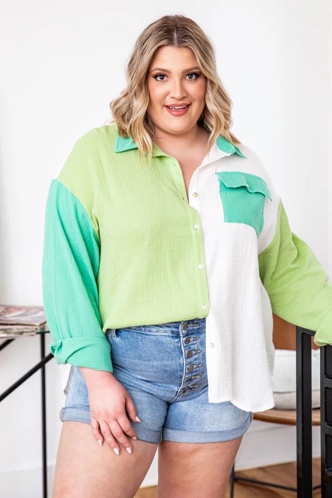 Just So You Know Green Colorblock Gauze Button Up | Pink Lily