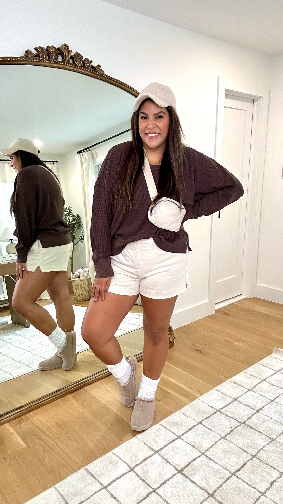 Curvy size 12 midsize aerie outfit idea for fall! I am 5’9” 38D size 12 or XL — I am wearing an XXL in the top for a more oversized fit + L in the bottom shorts! amazon ugg look for less tasman slippers are tts — they are selling fast so snag while you can! 🍂🫶🏽

#LTKMidsize #LTKSaleAlert #LTKFindsUnder50