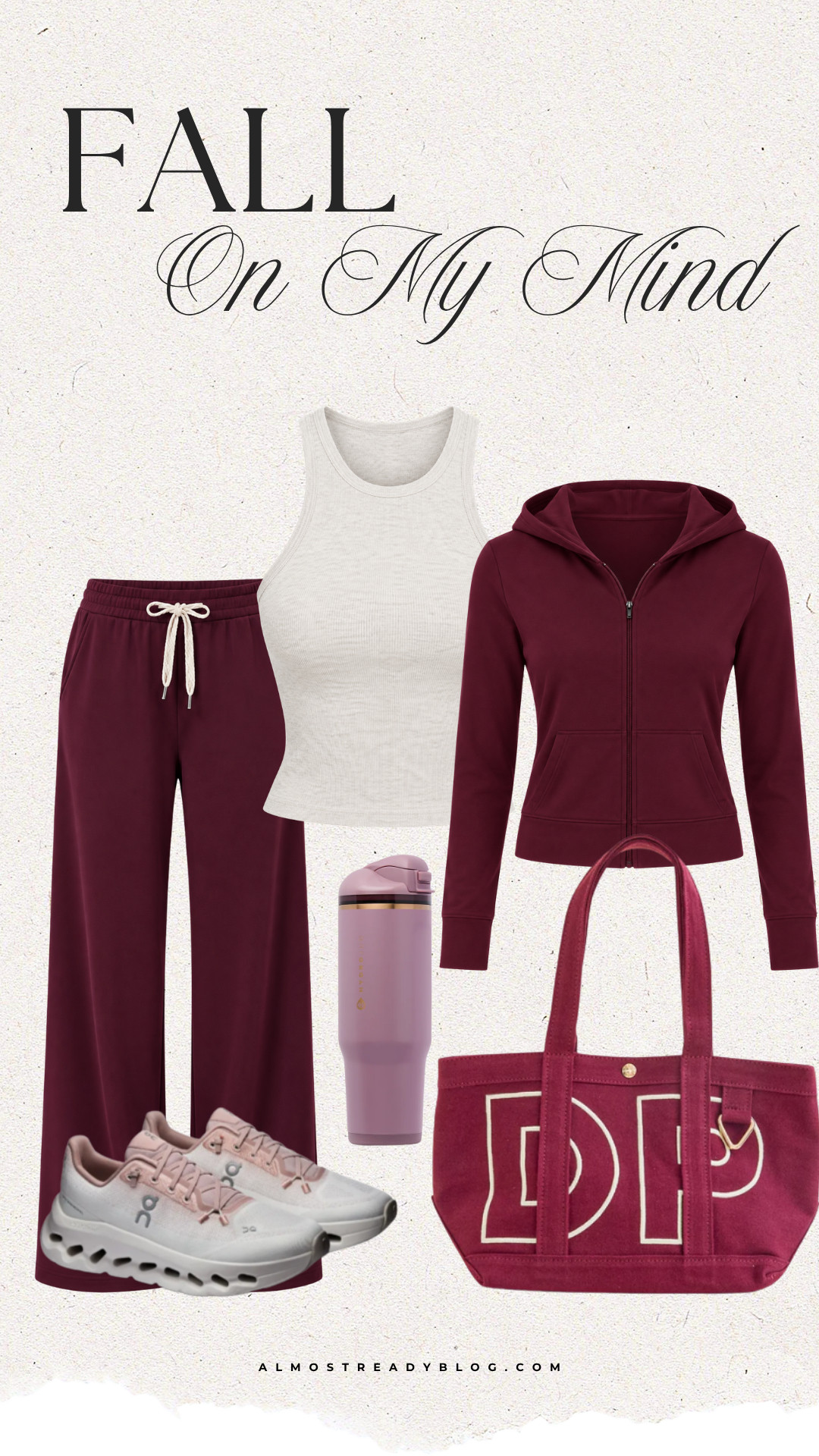 Cozy burgundy joggers and a matching zip up hoodie from Vuori paired with sneakers for a casual fall athleisure look.

fall athleisure outfit, cozy fall outfit, casual everyday style, burgundy joggers, zip up hoodie, white tank top, fall sneakers, matching set, travel outfit, comfy outfit 

 #LTKootd #LTKActive #LTKOver40