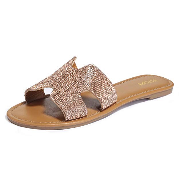 FITORY Womens Flat Sandals Slides Open Toe Slip On Shoes for Summer Size 6-11 | Amazon (US)