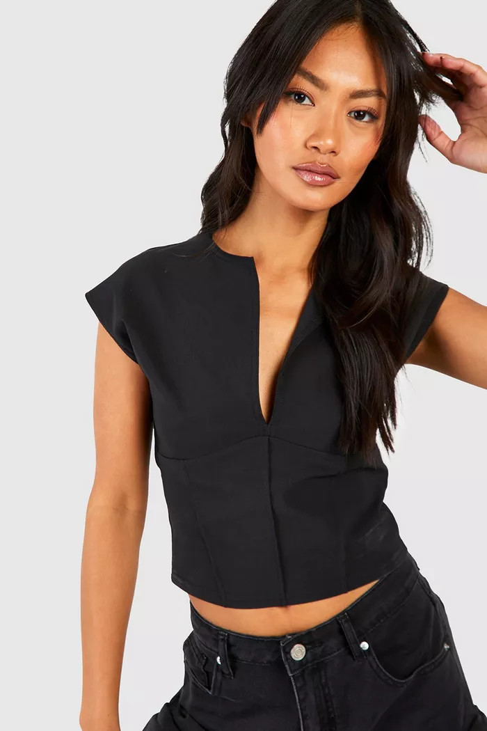 Black Begaline Plunge Corset Detail Top | Boohoo.com (UK & IE)