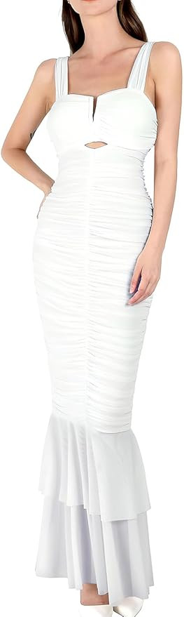 ebossy Women's Sexy Backless Zipper Pleated Ruffles Mermaid Fishtail Evening Party Bodycon Maxi D... | Amazon (US)
