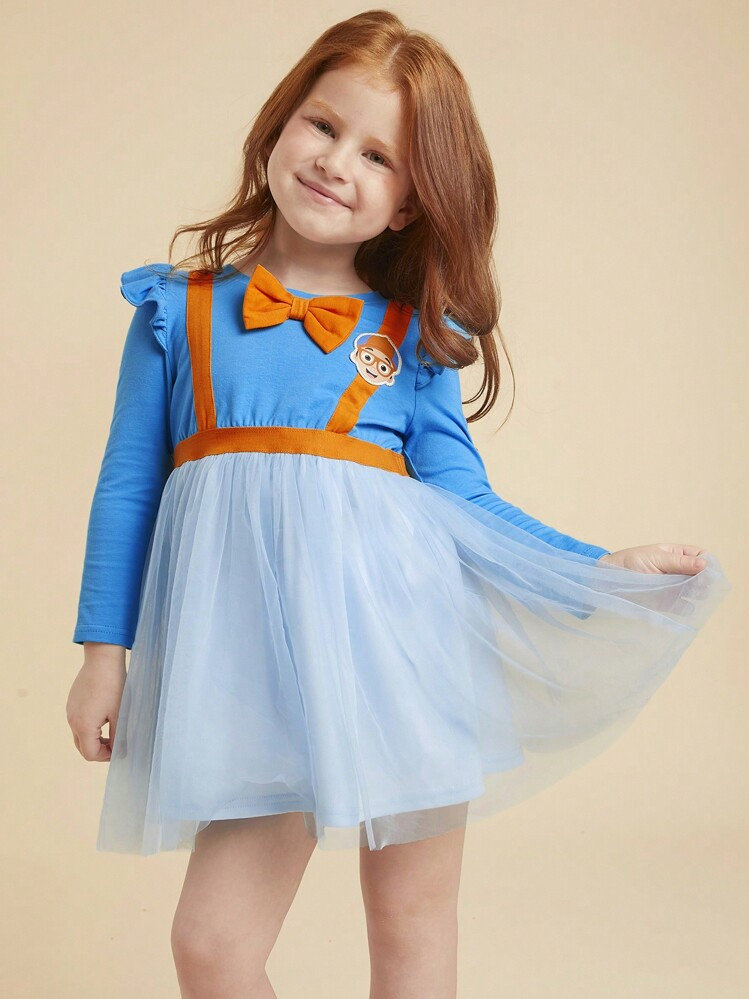 Blippi X SHEIN Young Girl Cartoon Character Cosplay Ruffle Trim Contrast Color 2 In 1 Dress With Bow & Mesh | SHEIN