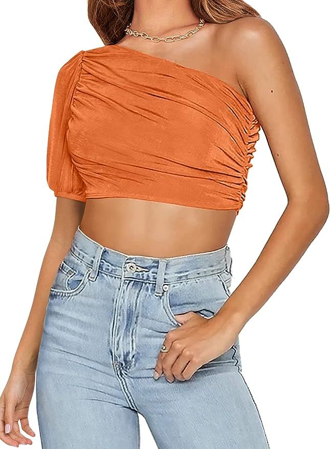 MIHOLL Womens Crop Top Sexy Ruched One Shoulder Short Sleeve Going Out T Shirt | Amazon (US)