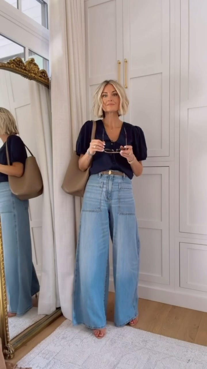 Obsessed with the embroidered detail on the collar of this top! Love a Peter Pan collar for a feminine and fun touch! These jeans are also so affordable from Target! Wearing XS top and 2 jeans

Loverly grey, outfit ideas for fall, fashion inspo women, style finds women, fashion finds target, ann taylor, wide leg jeans, peter pan collar navy blouse 

 #LTKootd #LTKSeasonal #LTKWorkwear