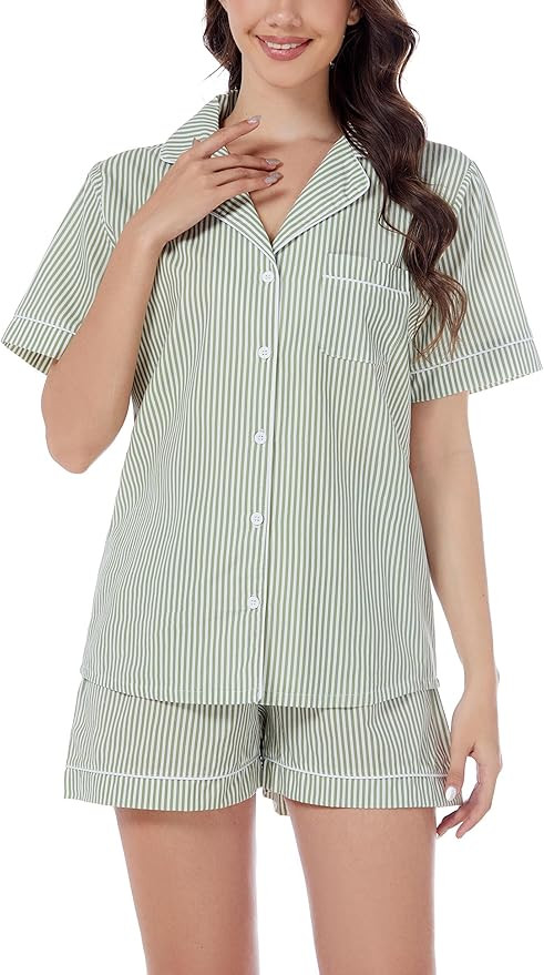 LUBOT 100% Cotton Pajamas for Women 2 Piece PJ Set Poplin Woven Button Down Short Sleeve Summer S... | Amazon (US)