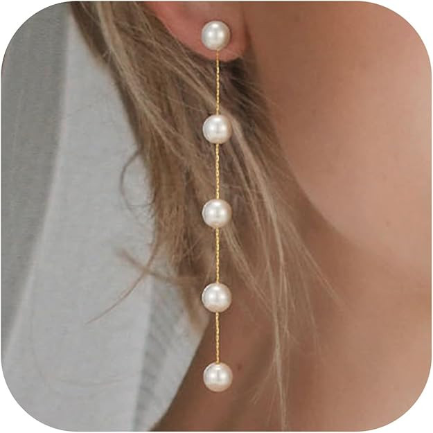SWEETV 14K Gold Plated Long Pearl Drop Dangle Earrings for Women, Tassel Chain Baroque Pearl Wedd... | Amazon (US)