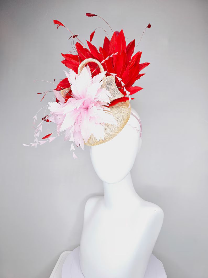 Kentucky Derby Hat Fascinator Ivvory Beige Sinamay With Large Pink Feather Flower With Red Feathe... | Etsy (US)