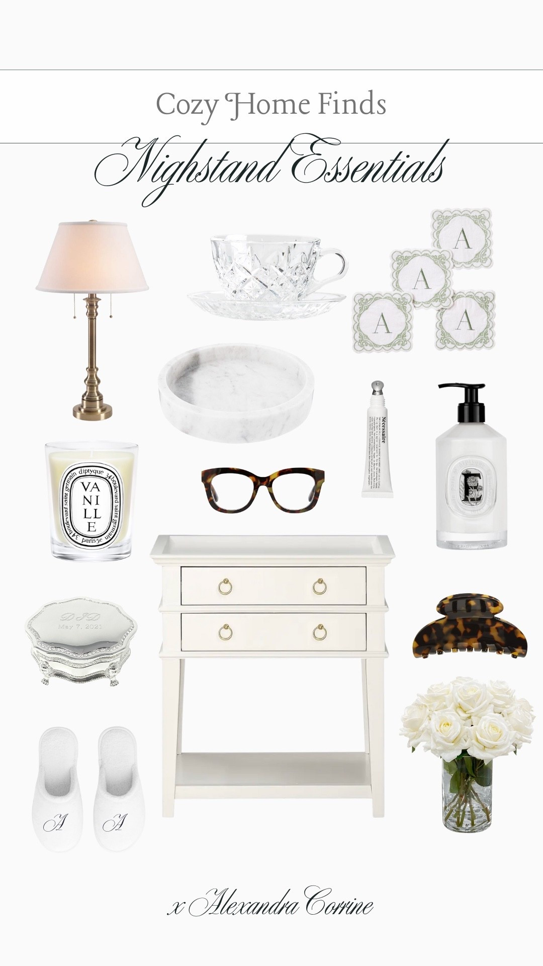 Cozy chic nightstand essentials 🕯️🤍☁️

Nightstand, bedside table, bedroom, bedroom decor, home decor, cozy home finds, marble tray, aesthetic, candles, silver, jewelry holder, slippers

#LTKFindsUnder100 #LTKHome