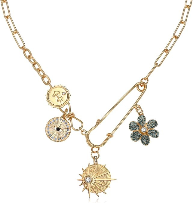 Charm Necklace for Women Gold Evil Eye Sun Moon Flower Coin Pendant Necklace Dainty Paperclip Cha... | Amazon (US)