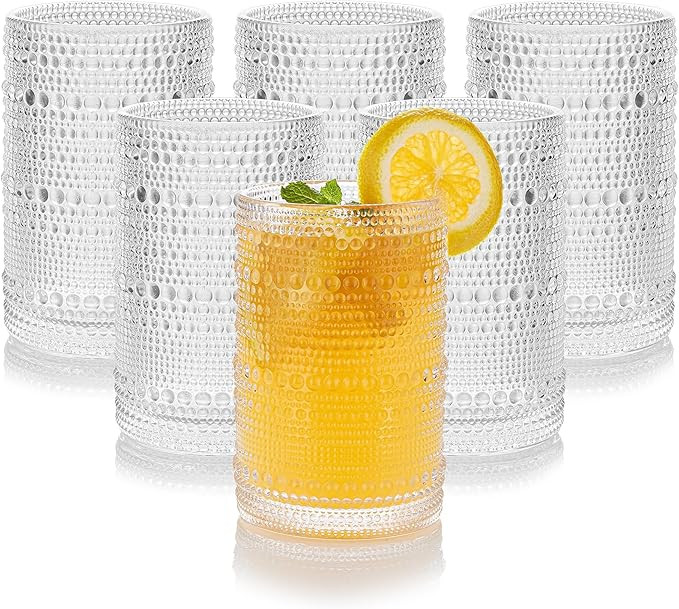 15 oz Clear Hobnail Drinking Glasses with Straws Set of 6, Vintage Glassware Old Fashioned Bevera... | Amazon (US)