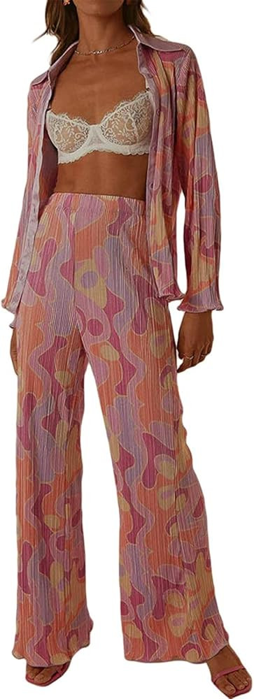 ABYOVRT Pleated 2 Piece Outfits for Women Long Sleeve Oversized Button Down Shirt Wide Leg Pants ... | Amazon (US)
