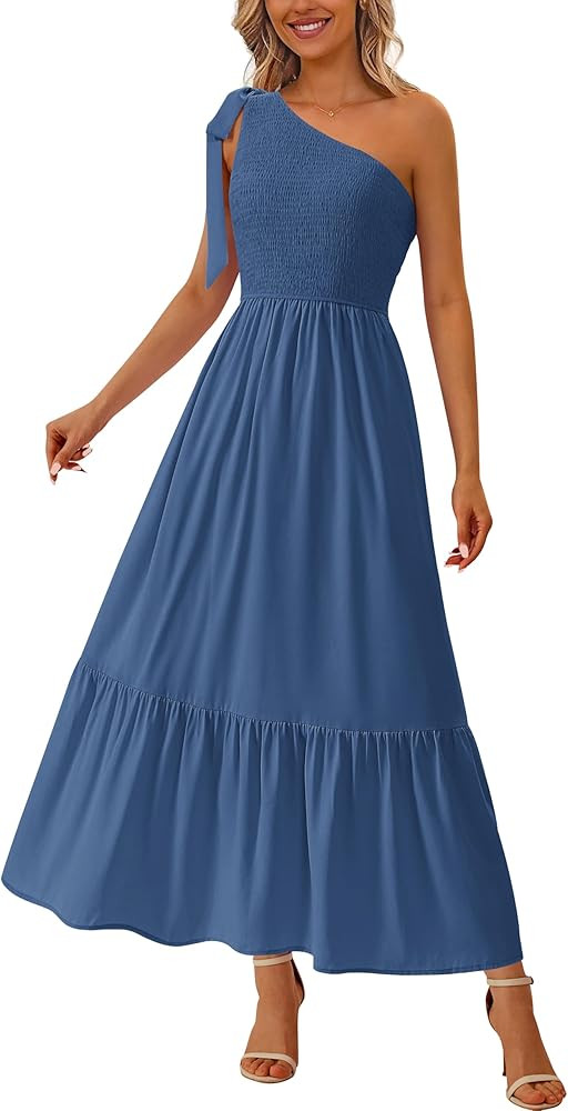 PRETTYGARDEN Womens One Shoulder Summer Maxi Dress Smocked Flowy Boho Beach Long Sundress Sleevel... | Amazon (US)