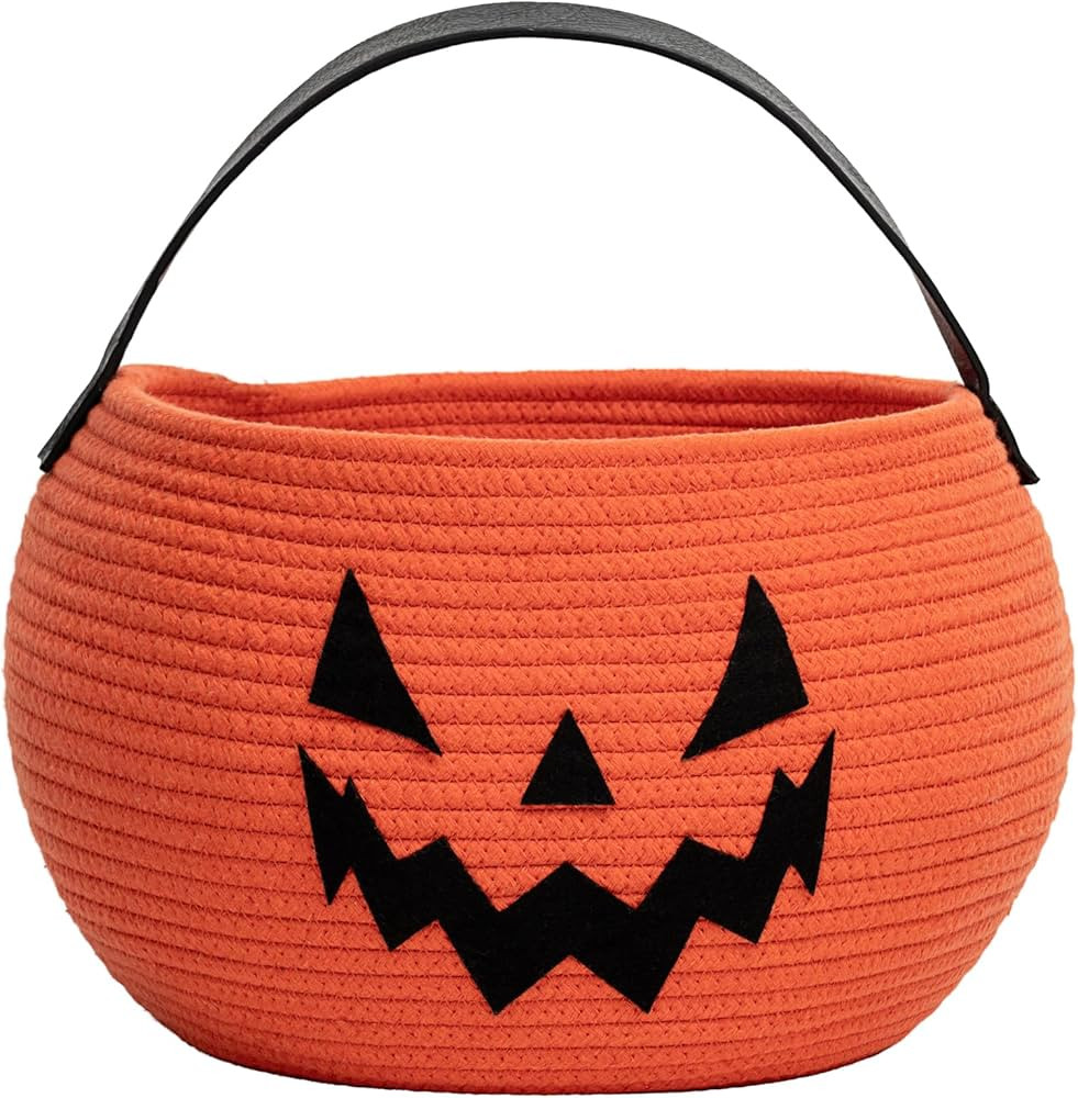Goodpick Pumpkin Basket for Halloween, Cute Candy Basket with Handles, Orange Woven Rope Trick or... | Amazon (US)