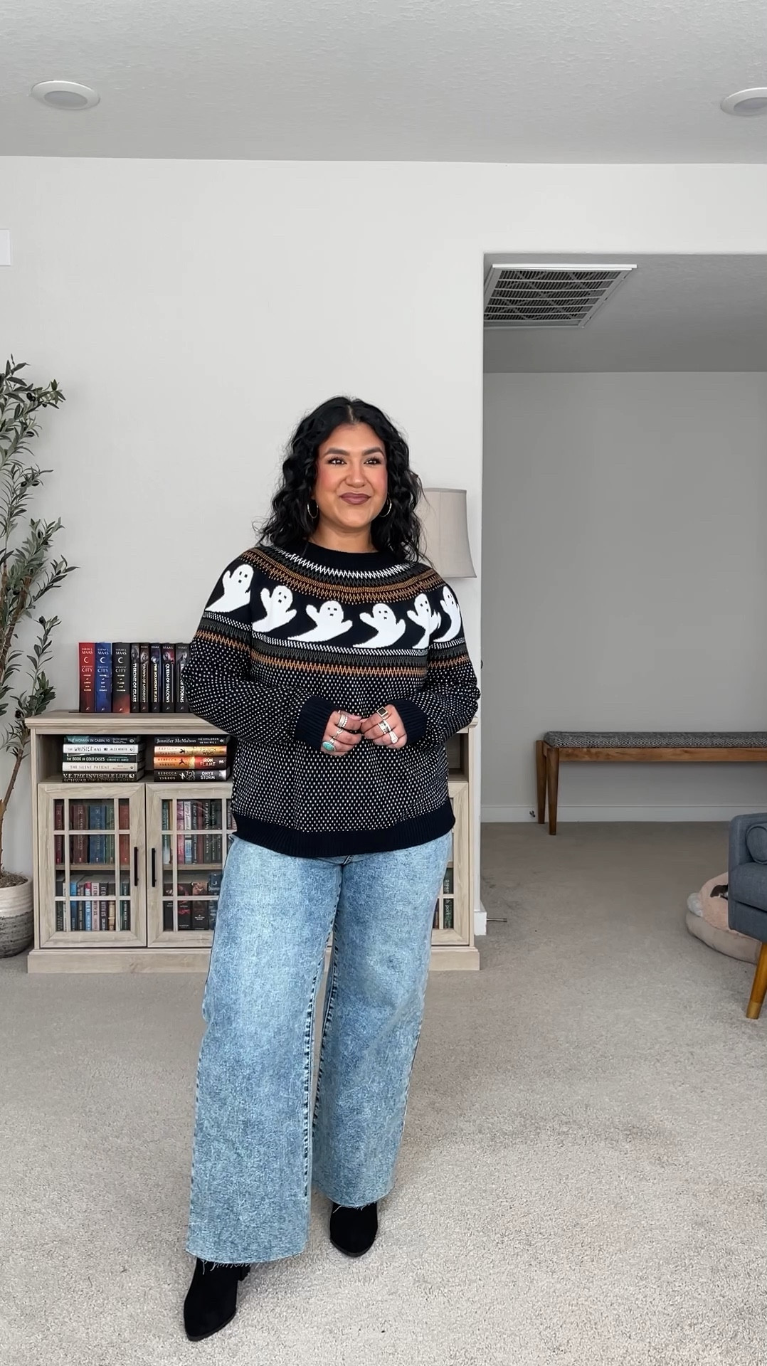 Amazon Halloween outfit! I’m 5’1”, size 12 // SWEATER: size large, oversized comfy fit // JEANS: size 12, true to size, lots of stretch, cropped fit // BOOTS: true to size 

#LTKMidsize #LTKHalloween #LTKPetite