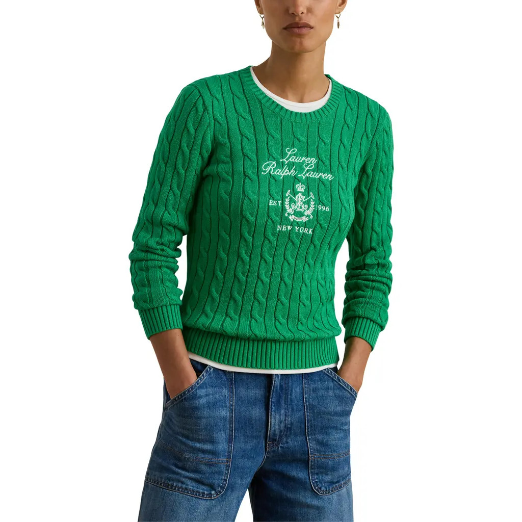 Lauren Ralph Lauren Embroidered Crest Cable Sweater in Stem Green at Nordstrom, Size Large | Nordstrom
