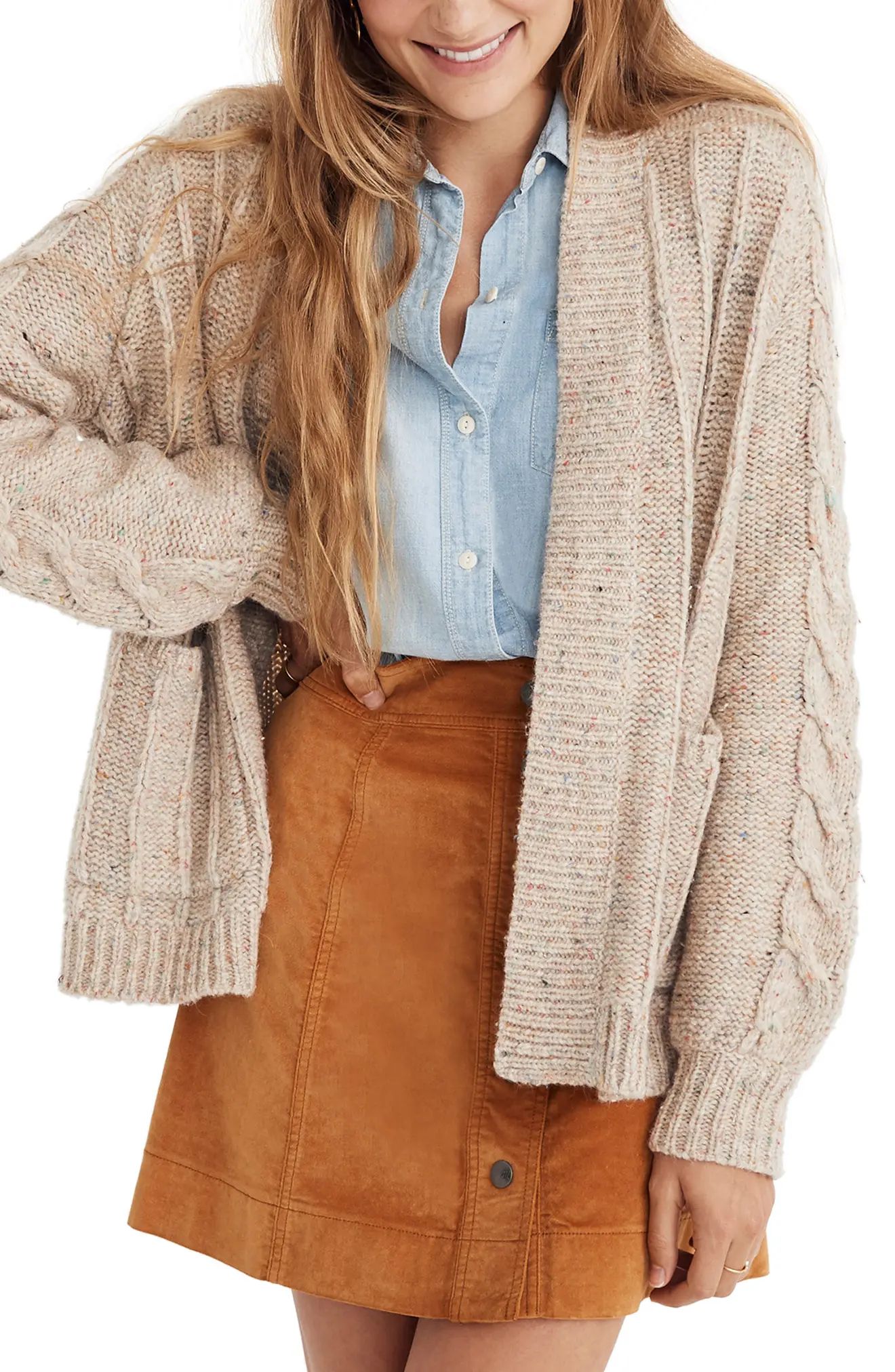Madewell Bubble Sleeve Cable Knit Cardigan Sweater | Nordstrom