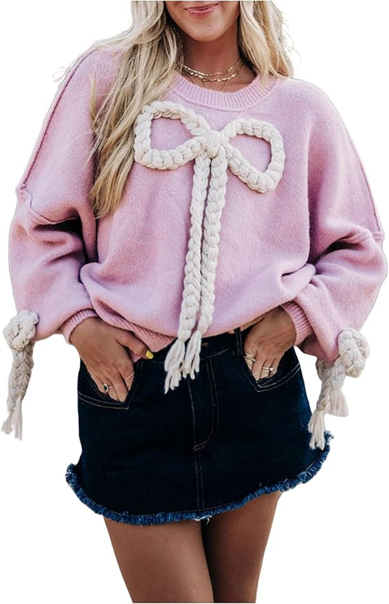 Women Cute 3D Bowknot Sweater Long Sleeve Crew Neck Knit Pullover Top Aesthetic Going Out Shirts ... | Amazon (US)