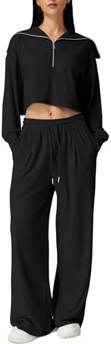 QINSEN Women Cozy 2 Piece Lounge Matching Set Wide Leg Sweatpants Half Zip Crop Sweatshirt Outfit... | Amazon (US)