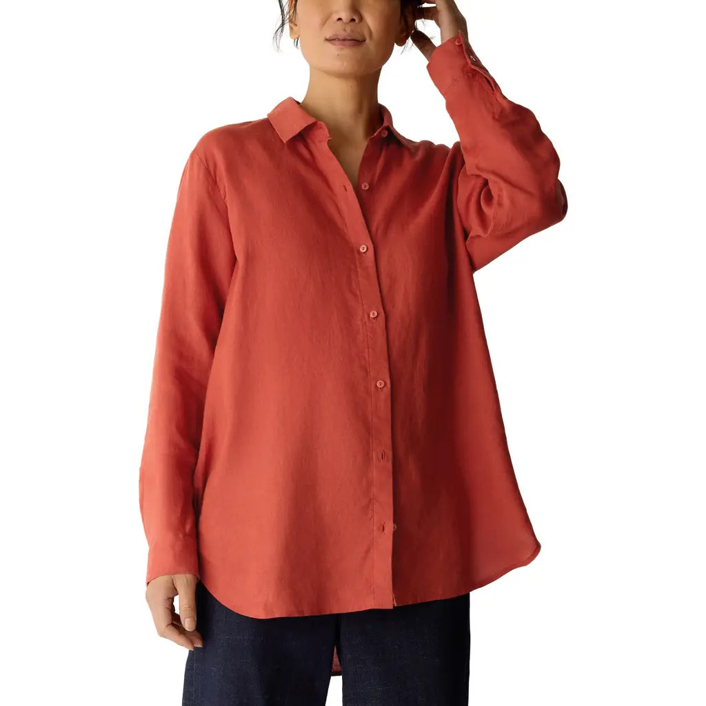 Eileen Fisher Classic Collar Organic Linen Long Button-Up Shirt in Blood Orange at Nordstrom, Size Xx-Small | Nordstrom