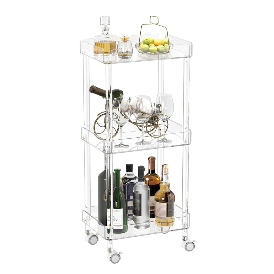 HMYHUM Small Acrylic Bar Cart, 15.2" L x 11.2" W x 34.2" H, 3 Tier Mini Rolling Serving Cart with... | Amazon (US)