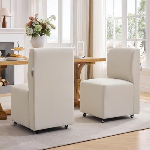 TonghuaS Upholstered Dining Chairs with Rolling Casters Set of 2, Armless Mordern Swivel Chair with Wheels for Dining Room Living Room Kitchen Bedroom(Cream) | Amazon (US)