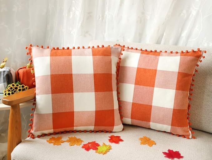 4TH Emotion Set of 2 Fall Buffalo Check Plaid Throw Pillow Covers with Pompoms Cushion Case Linen... | Amazon (US)