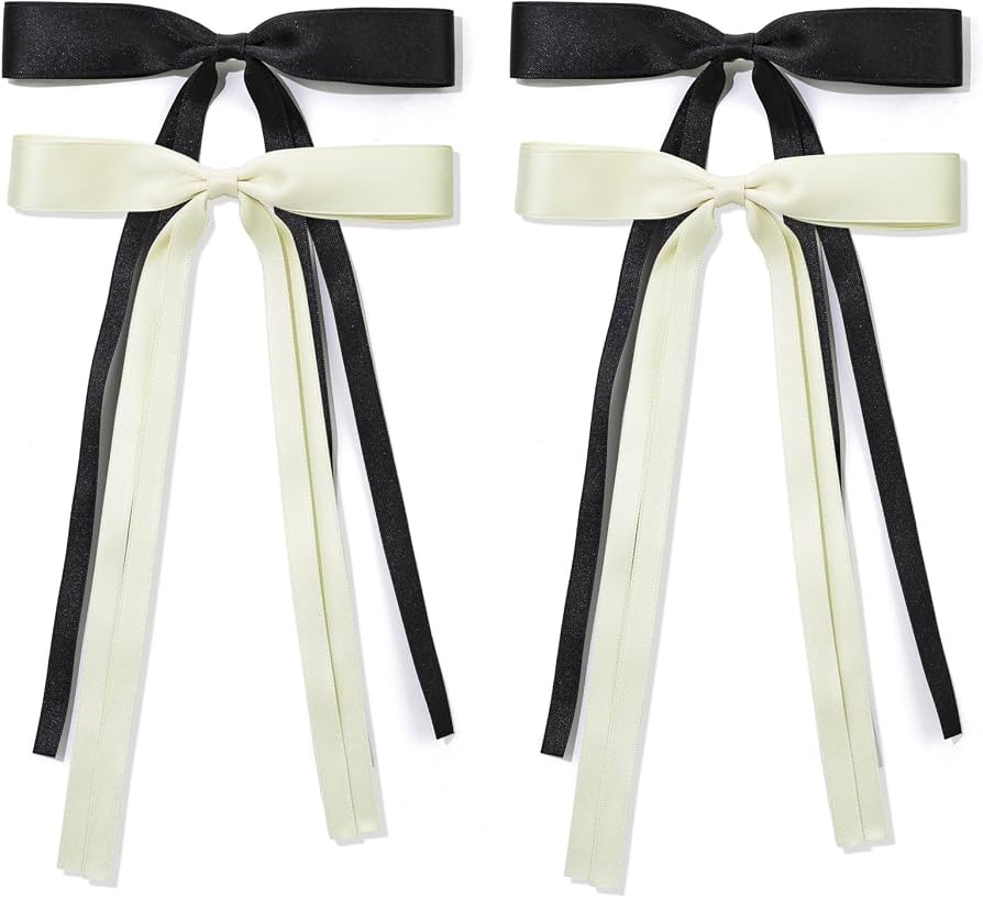 Long Tail Hair Clips, Black Milky White French Tassel Ribbon Bow Barrettes for Women, Girls' Hair... | Amazon (US)