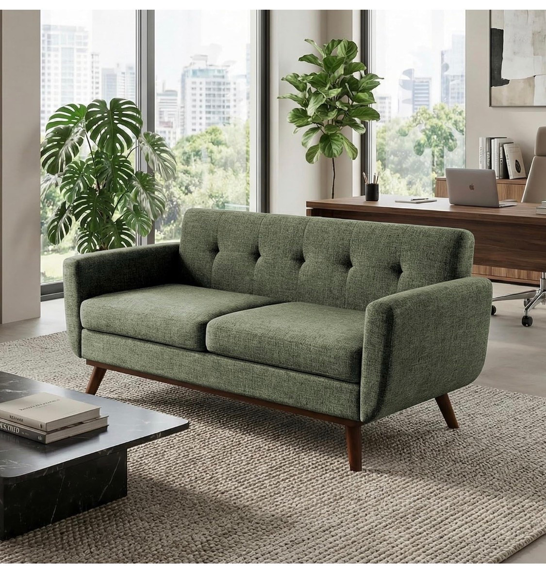 65.2" W Loveseat Sofa, Mid Century Modern Decor Love Seat Couches for Living Room, Button Tufted Upholstered Furniture, Solid & Easy to Install Small Couch for Bedroom Office Apartment, Green