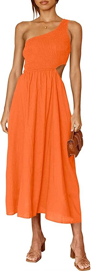 ANRABESS Women's Summer Sleeveless Smocked One Shoulder Cutout Sundress Flowy A-Line Beach Long M... | Amazon (US)