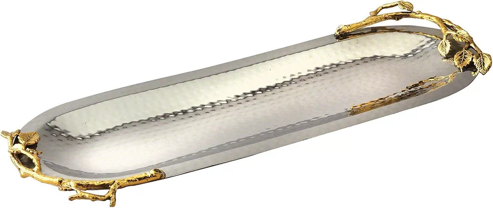 Elegance Golden Vine Hammered Stainless Steel Oval Tray, 15.25 by 5.75-Inch, Silver/Gold | Amazon (US)
