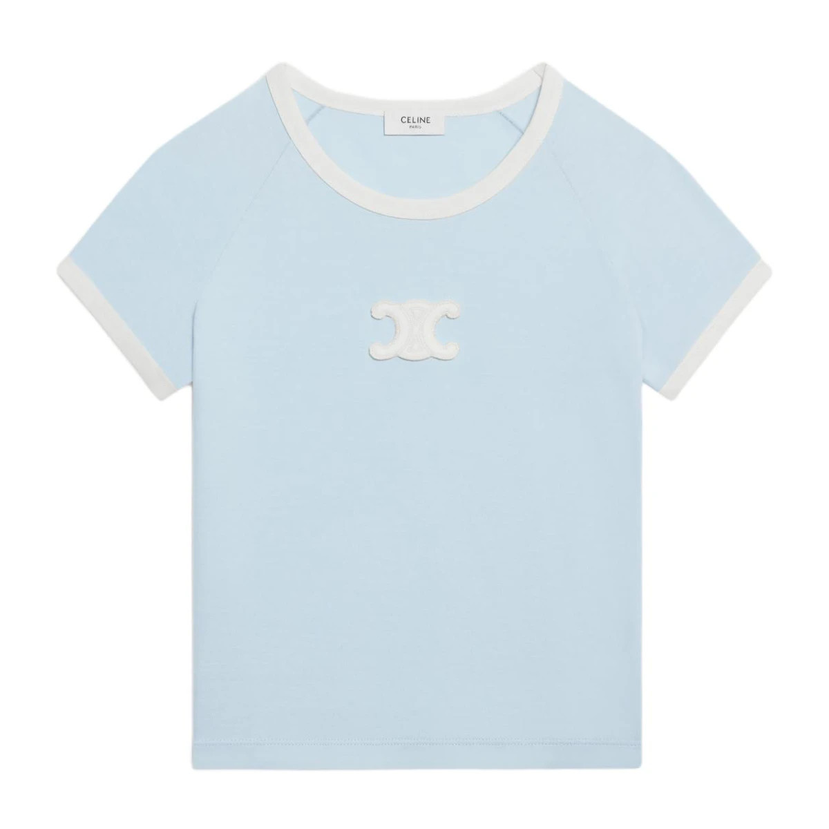 Buy (Women) CELINE SS24  Short-Sleeve Fitted Tee with Contrast Logo Patch in Blue. 2X16O507Z-07HI | Novelship