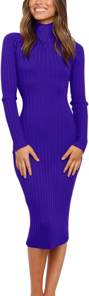 MEROKEETY Women's Ribbed Long Sleeve Sweater Dress High Neck Slim Fit Knitted Midi Dress | Amazon (US)