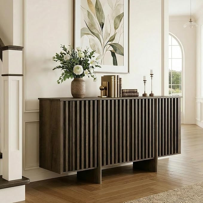 DUOMAY 64" Farmhouse Sideboard Wooden Large Storage Cabinet with Fluted Doors Media Console Table... | Amazon (US)