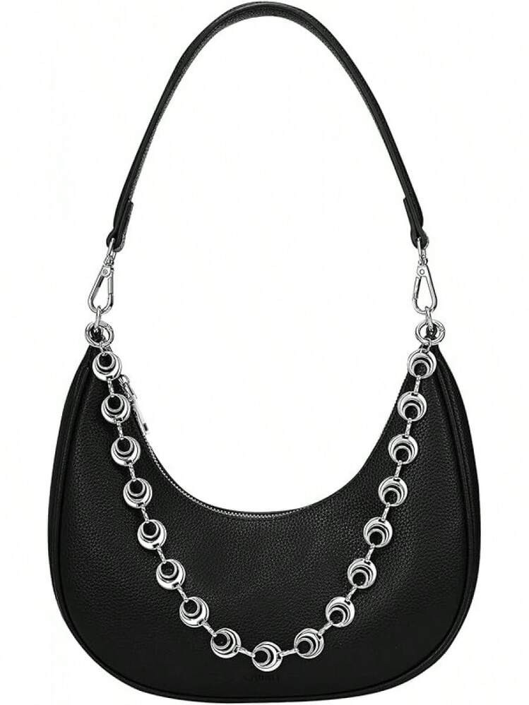 Small Shoulder Bag For Women, PU Leather Crescent Purses With Silver Chain, Women's Work Casual Evening Handbag | SHEIN