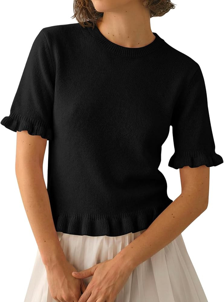 Tankaneo Womens Summer Short Sleeve Cropped Sweaters Knit Peplum Top | Amazon (US)