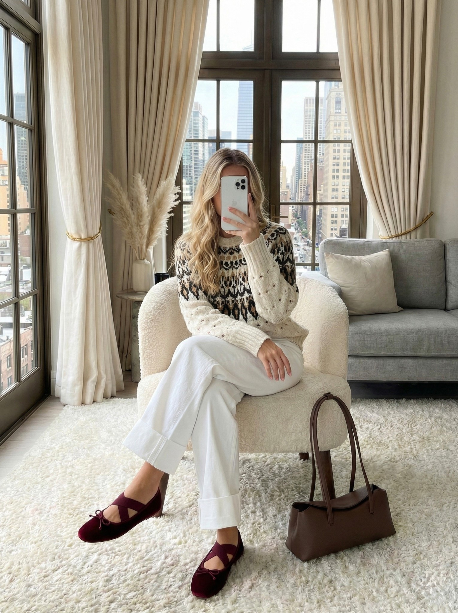 Cream Fair Isle sweater and burgundy ballet flats outfit ❄️🍷

A chic, neutral winter look with a trending pop of color. Pairing this cozy Nordic print knit with crisp white trousers keeps the outfit fresh and bright. The burgundy crisscross flats add the perfect festive touch to a casual look.

Style Details:
• Cream and black Fair Isle sweater (Crewneck)
• White wide-leg trousers (Cuffed hem)
• Burgundy velvet ballet flats (Crisscross strap)
• Chocolate brown leather handbag

Recreate this chic winter style with the similar links below!

Are you team flats or heels for holiday parties? 👇

#LTKHoliday #LTKshoecrush #LTKSeasonal

#LTKgrwm #LTKootd #LTKHoliday
